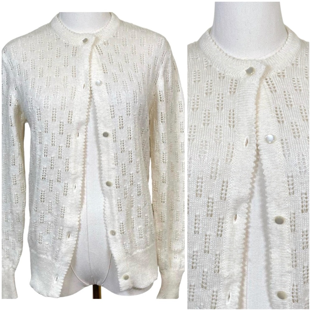 Vintage Sweetbriar Pointelle Knit Cardigan Women M White Scalloped Trim Academia